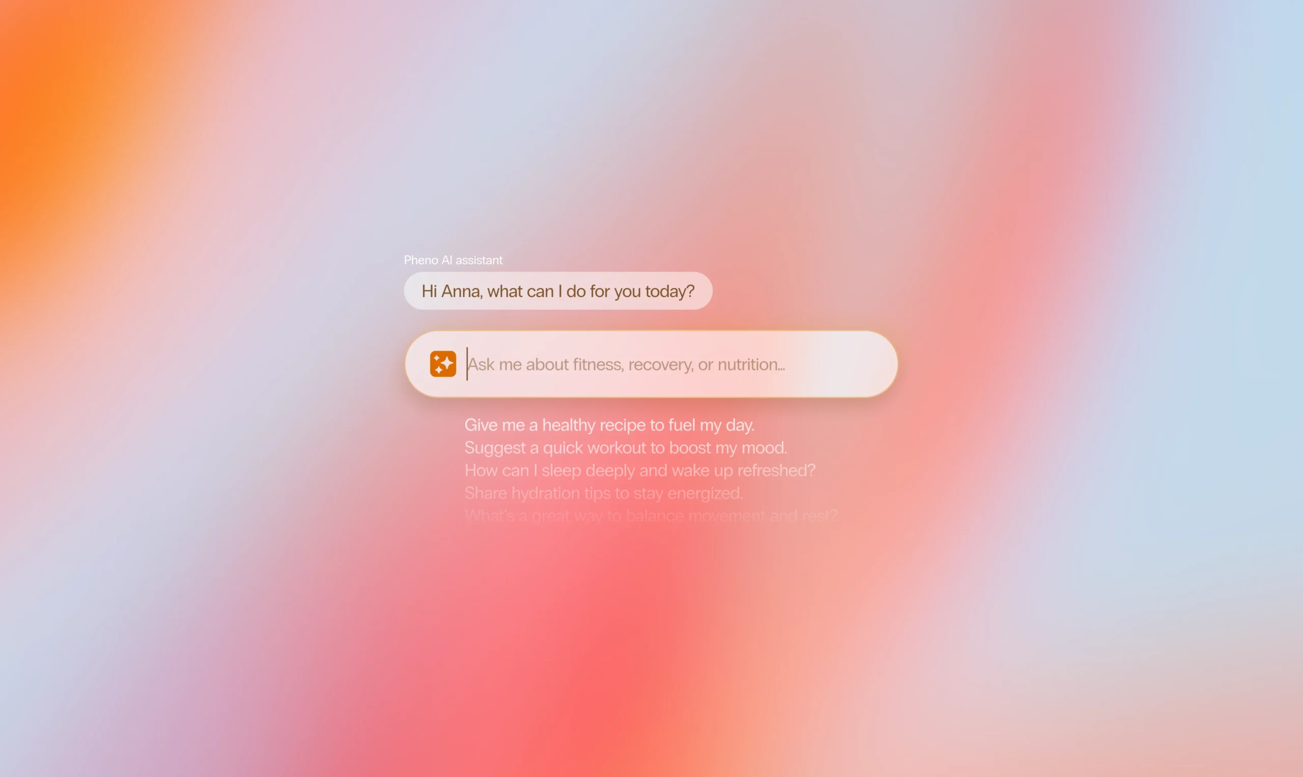 Pheno App interface with vibrant gradient background, showcasing AI-driven health suggestions for holistic well-being.